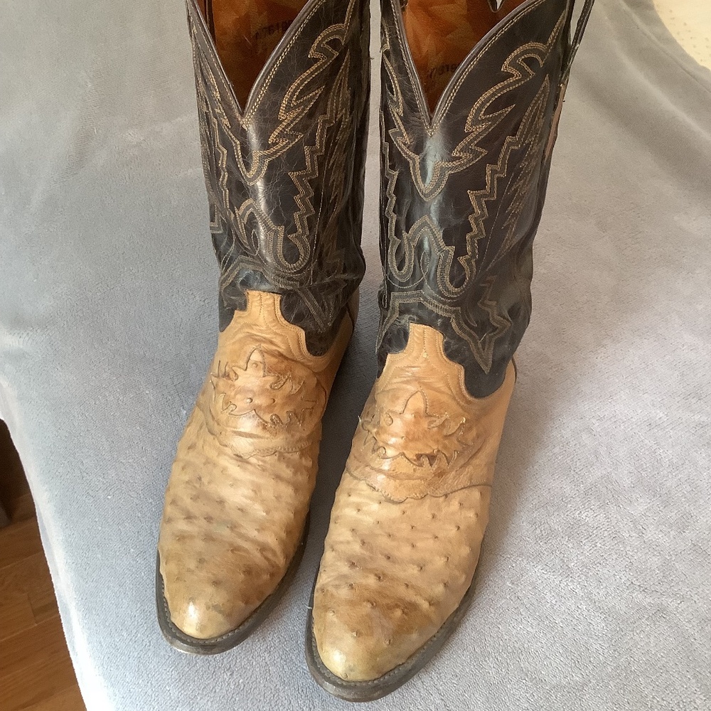 Lucchese Leather 1883  Ostrich Quill Leather Cowboy Boots Tan Brown  Mens 10D